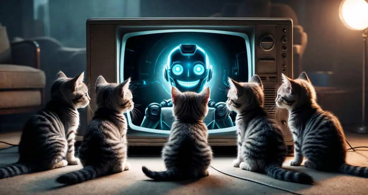 Photo de 5 chatons devant un écran de télévision qui affiche un robot souriant pour illustrer l'IA