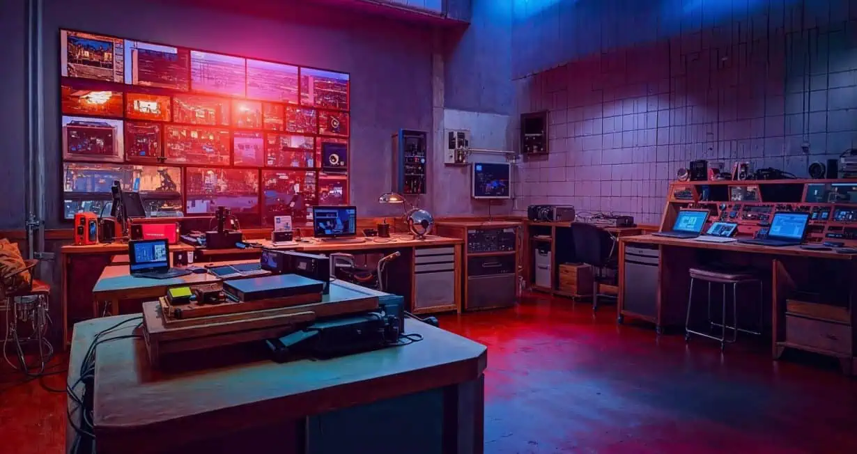 Photo IA d'un studio retrofuturiste, eclairage Neon rouge et bleu