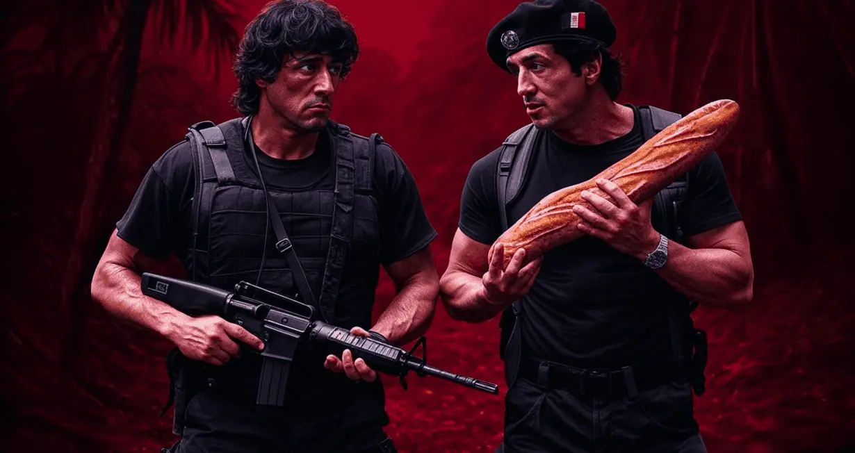 Photo générée par IA de Stallone à gauche en Rambo et à droite avec un béret français et une baguette de pain à la main