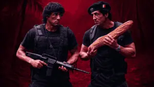 Photo générée par IA de Stallone à gauche en Rambo et à droite avec un béret français et une baguette de pain à la main